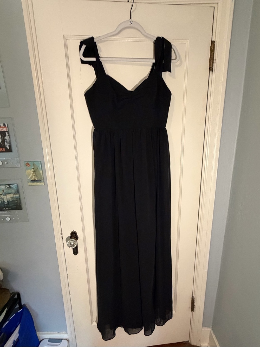Lulus Black Tie Strap Square Neck Maxi Dress Slit L